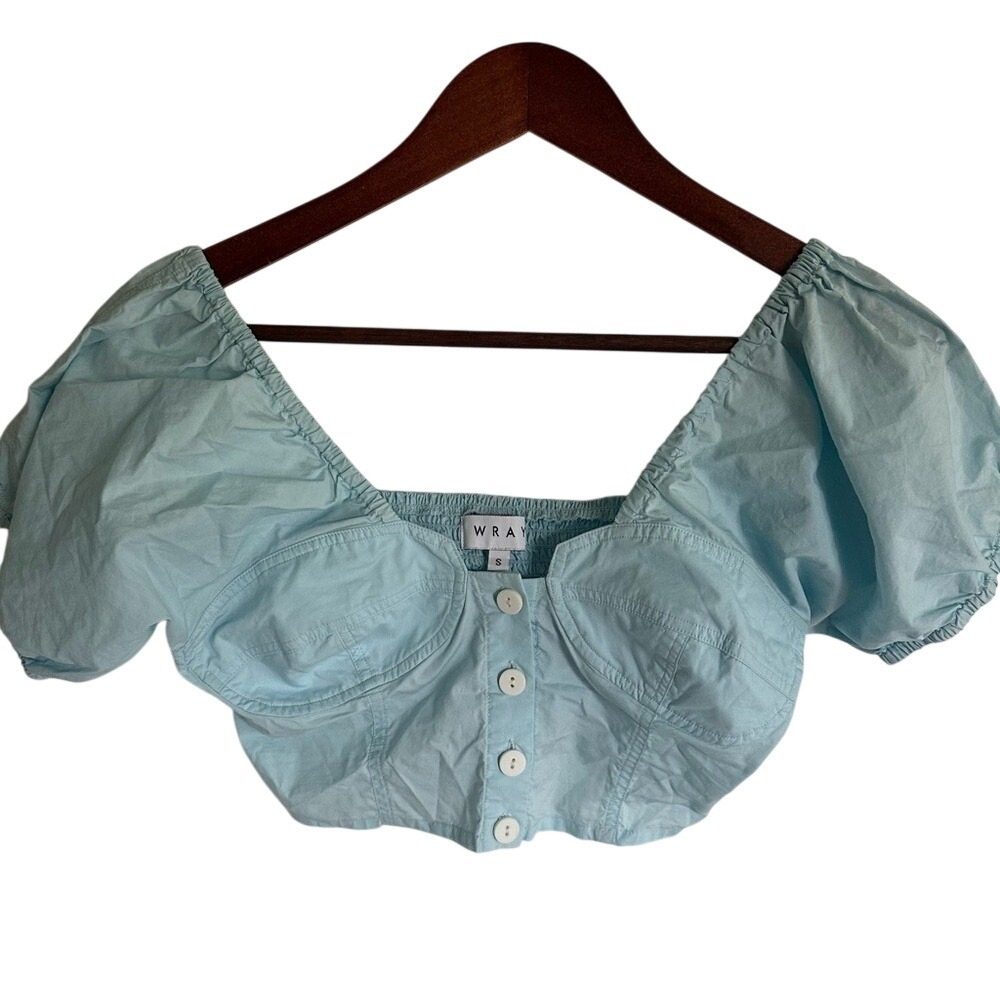 Wray Light Blue Button Front Puff Sleeve Crop Top Milkmaid Small Feminine